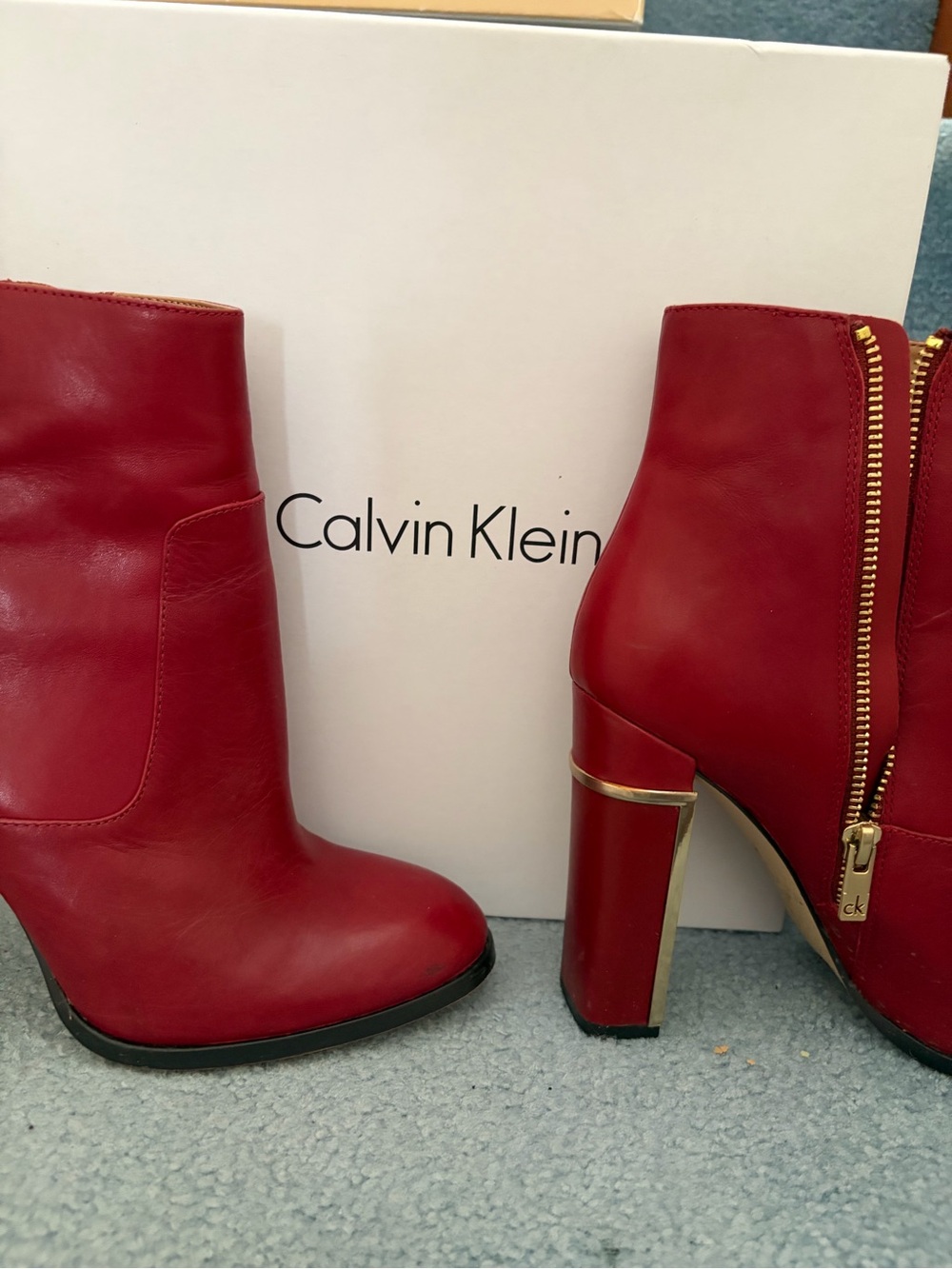 Calvin Klein Red Leather High Block Heel Ankle Boots
